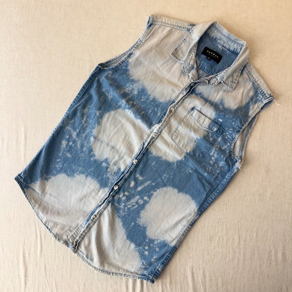 PacSun Mens Medium Bleached Denim Sleeveless Button‎ Down Shirt Blue Tie Dye